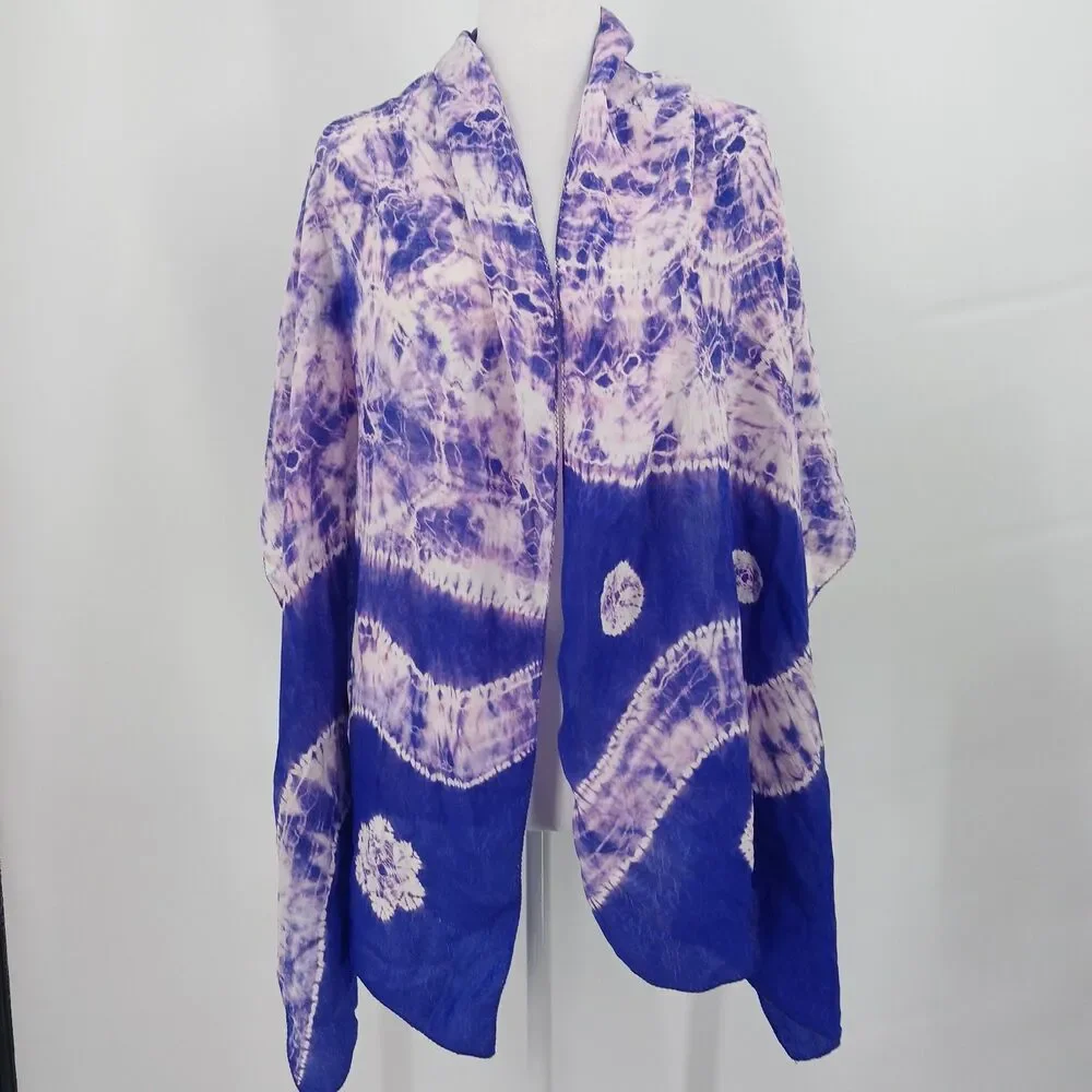 Hand Dyed Silk Scarf Blue White Tie Dye Batik Shawl Wrap Lightweight Boho purple